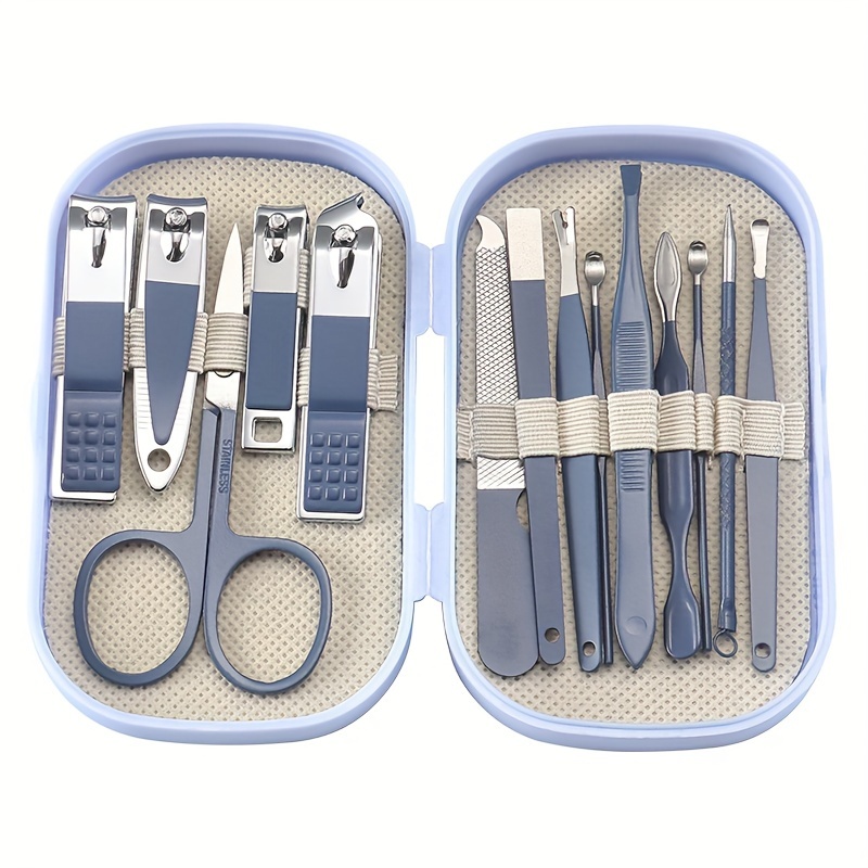 Image of 14pcs Premium Manicure And Pedicure Kit In Pink And Blue, Featuring Stainless Steel Nail Scissors, Clippers, And An Ear Cleaning Spoon For Men And Women - Fragrance-free, Without Nail Glue Or Powder