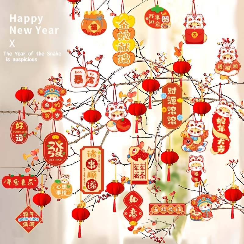 

Set Chinese New Year 2025 Red Hanging Ornaments, Decoration Pendants With Wishes, Non-electric, Featherless, For Home, Office, Car, Cabinet, And Indoor/outdoor Tree Decor