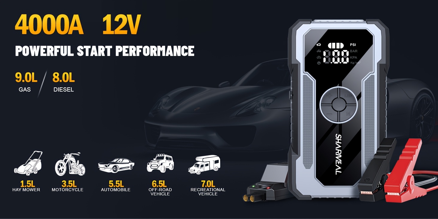   2025   gl902 car emergency   starter with air compressor   peak 150psi inflation for 9 0  8 0l diesel 12v battery booster with large display multi function car emergency power supply details 0