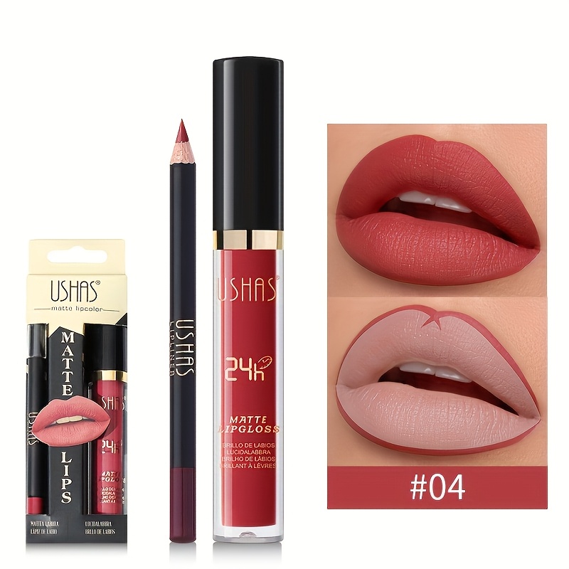 RUJURI - Set Ruj Lichid Mat si Creion pentru Buze, Rezistent, Ushas 04
