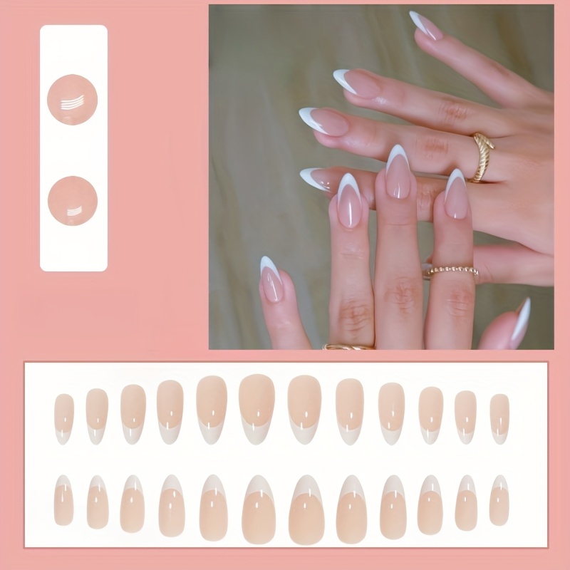 Image of 120pcs Medium White-tip Almond Press-on Nails, Simple Glossy Fake Nails With Jelly Glue And Nail File, For Women And Daily Wear