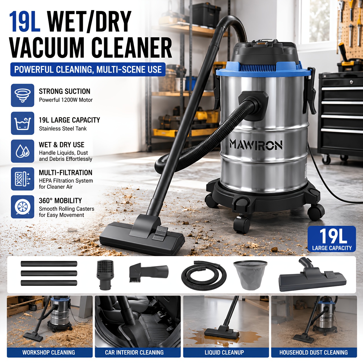 TEMU Aspirateur Balai Eau et Poussière 19L/15L, Moteur Puissant 1200W, Réservoir en Acier Inoxydable, Aspirateur d'Atelier à Filtration Multiple avec