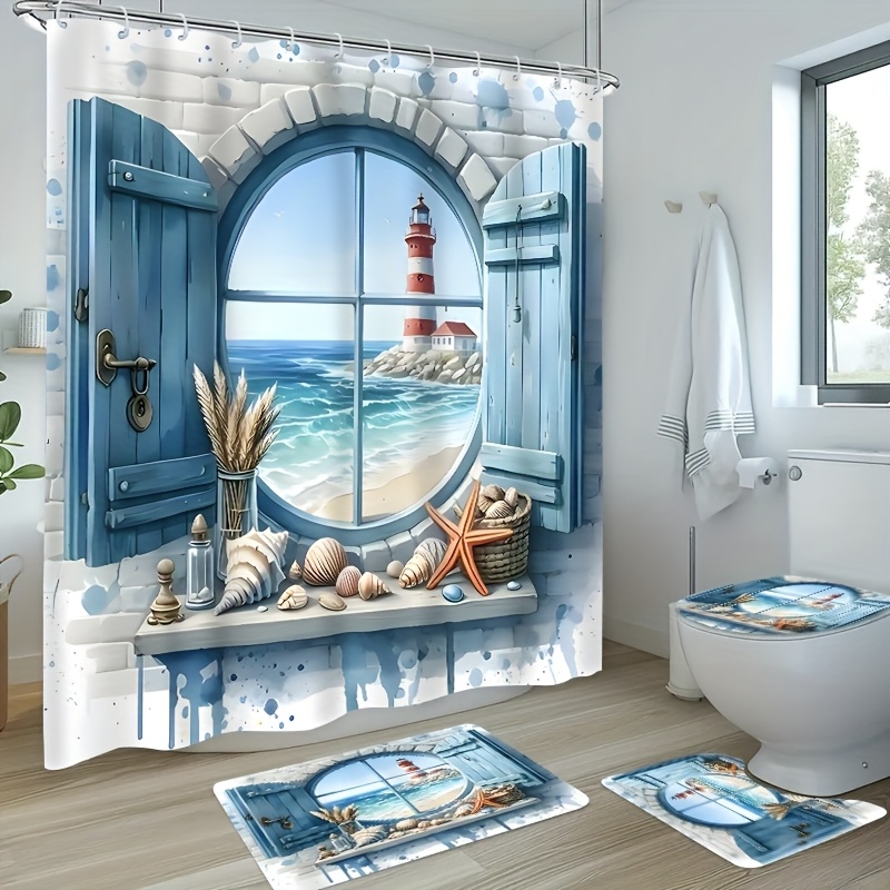 TEMU Ensemble de rideaux de douche 1pc/4pièces avec 12 crochets, tapis de bain, couvre-siège de toilette, tapis de salle de bain en polyester pour
