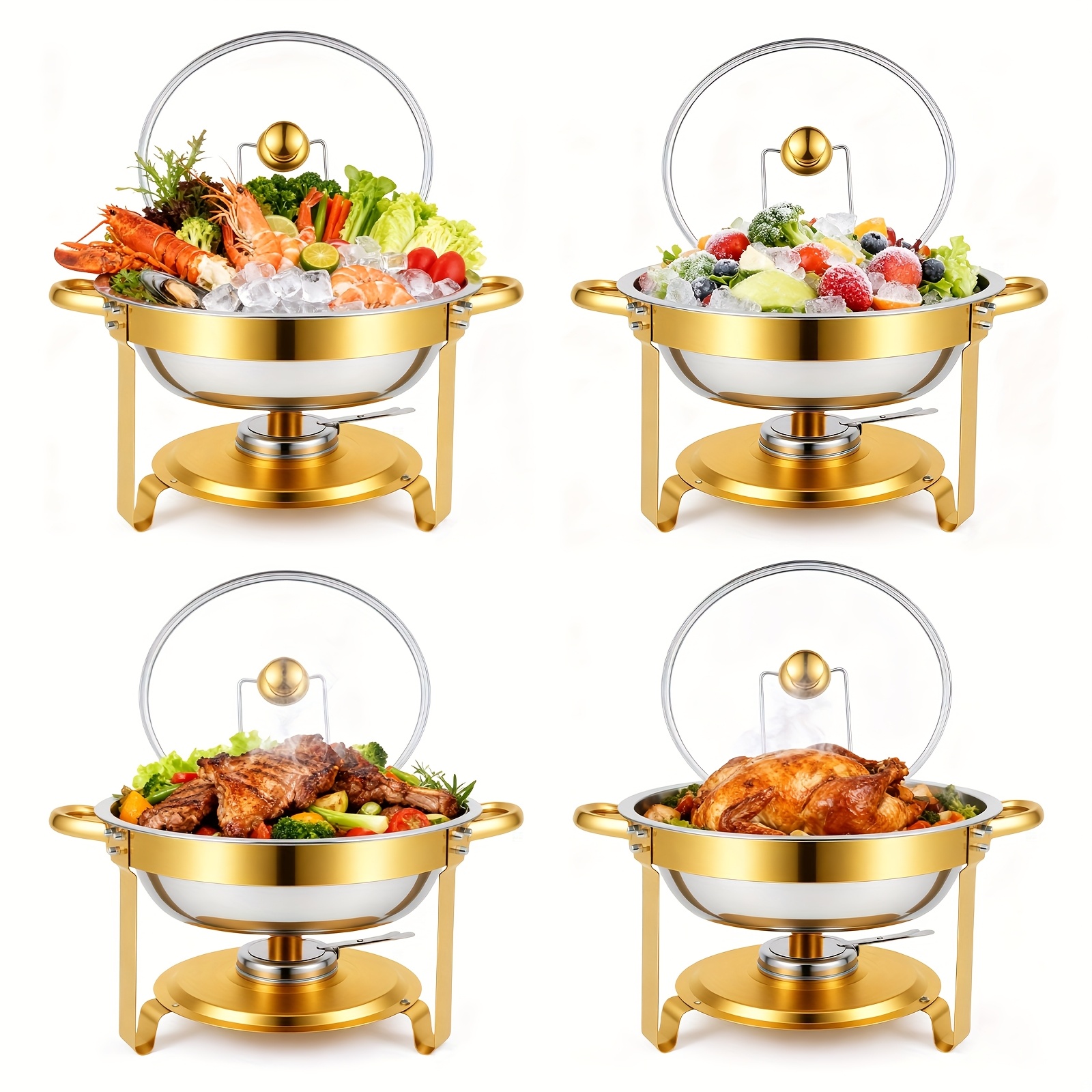 TEMU 6 Qt 16in Chafing Dishes, 1/2/4 Stainless Steel Complete Set, Round Chafing Dish Buffet Set, Heating And Cooling Chafing Dish For Banquets,