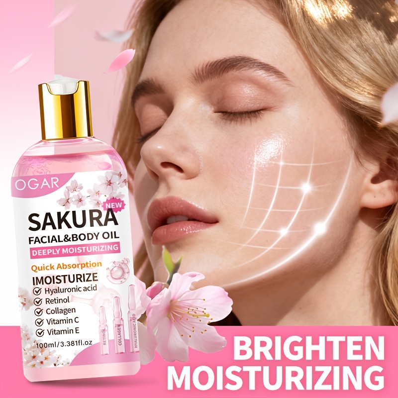 Ulei Esență Multifuncțional pentru Îngrijirea Pielii Sakura, Îmbogățit cu Ulei de Sămânță de Camelia, Ulei de Sămânță de Strugure, Ulei de Cocos, Niacinamidă, Vitamine C și E, Colagen, Acid Hialuronic, Oferă Hidratare de 48 de Ore, Iluminează, Hidratează Pielea, Se Absoarbe Rapid, pentru Masaj