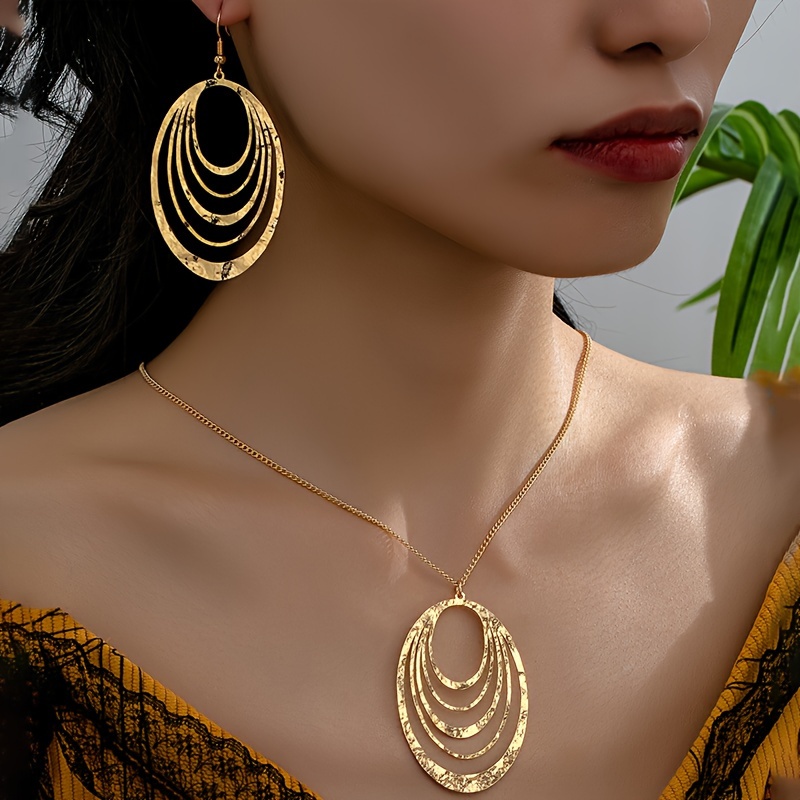 

Vintage Style 3-piece Jewelry Set - Plated Geometric Oval Pendant Necklace And Earrings Set For Women, Street Fashion Iron No-mosaic For Daily And Party Occasions