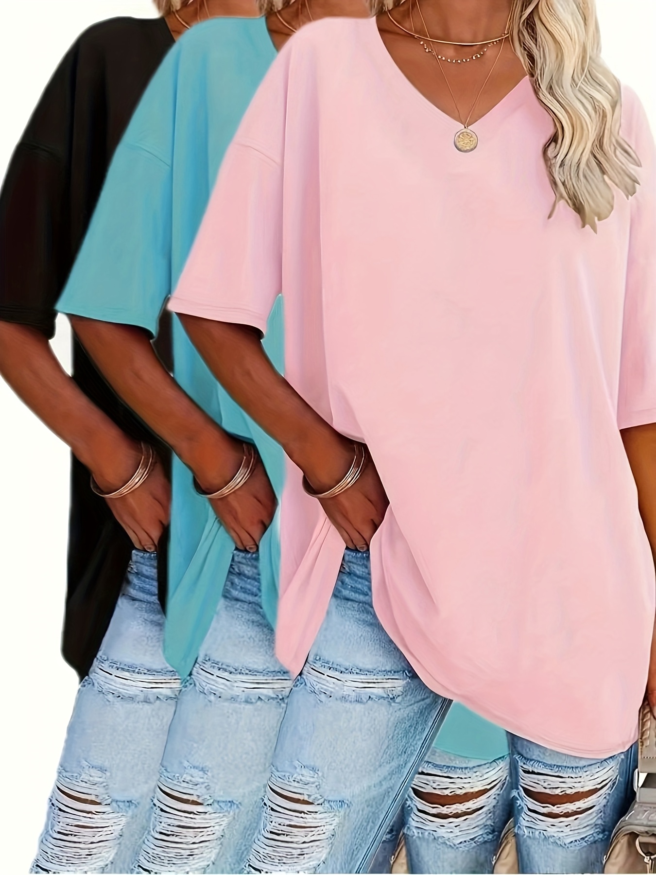 Ensemble de 3 T-Shirts Décontractés pour Femmes à Col en V, Tissu en Maille 95% Polyester 5% Élasthanne, Couleur Unie, Élasticité Moyenne, Coupe Ample à Manches Courtes pour le Printemps/Automne