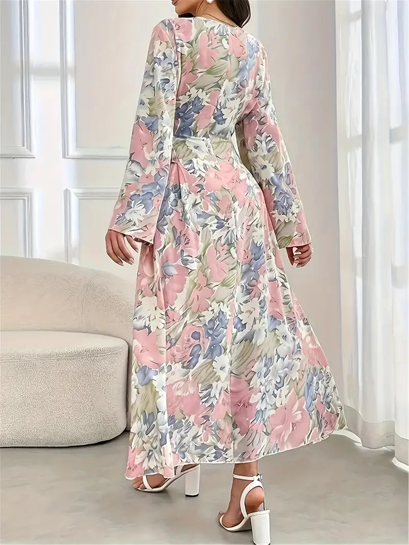 chic v neck long sleeve floral print dress Product details 3