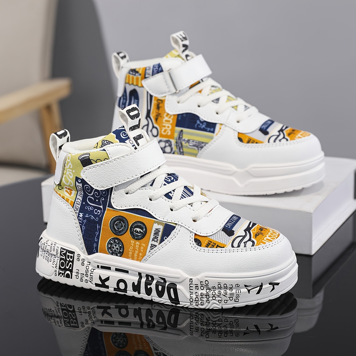 Youngsters' Comfortable Mid-Top Sneakers with Closure, Colorful Random Print Design, Breathable PU/Fabric Upper & EVA Cushioned Sole - All-Season Casual Shoes for Boys & Girls, School, Outdoor Play & Daily Activities, Kid Shoes, School Footwear, Stylish Stitching Details, Fabric Lined Interior