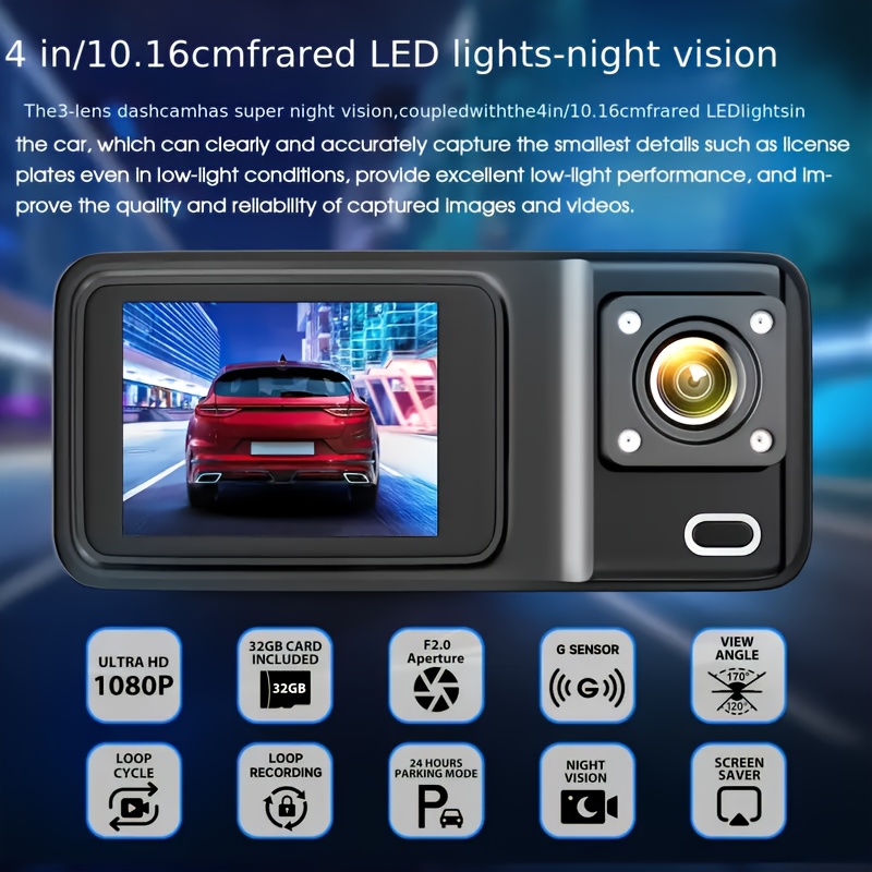 Night Vision Dash Cam Parking Mode Motion Detection Three-Channel