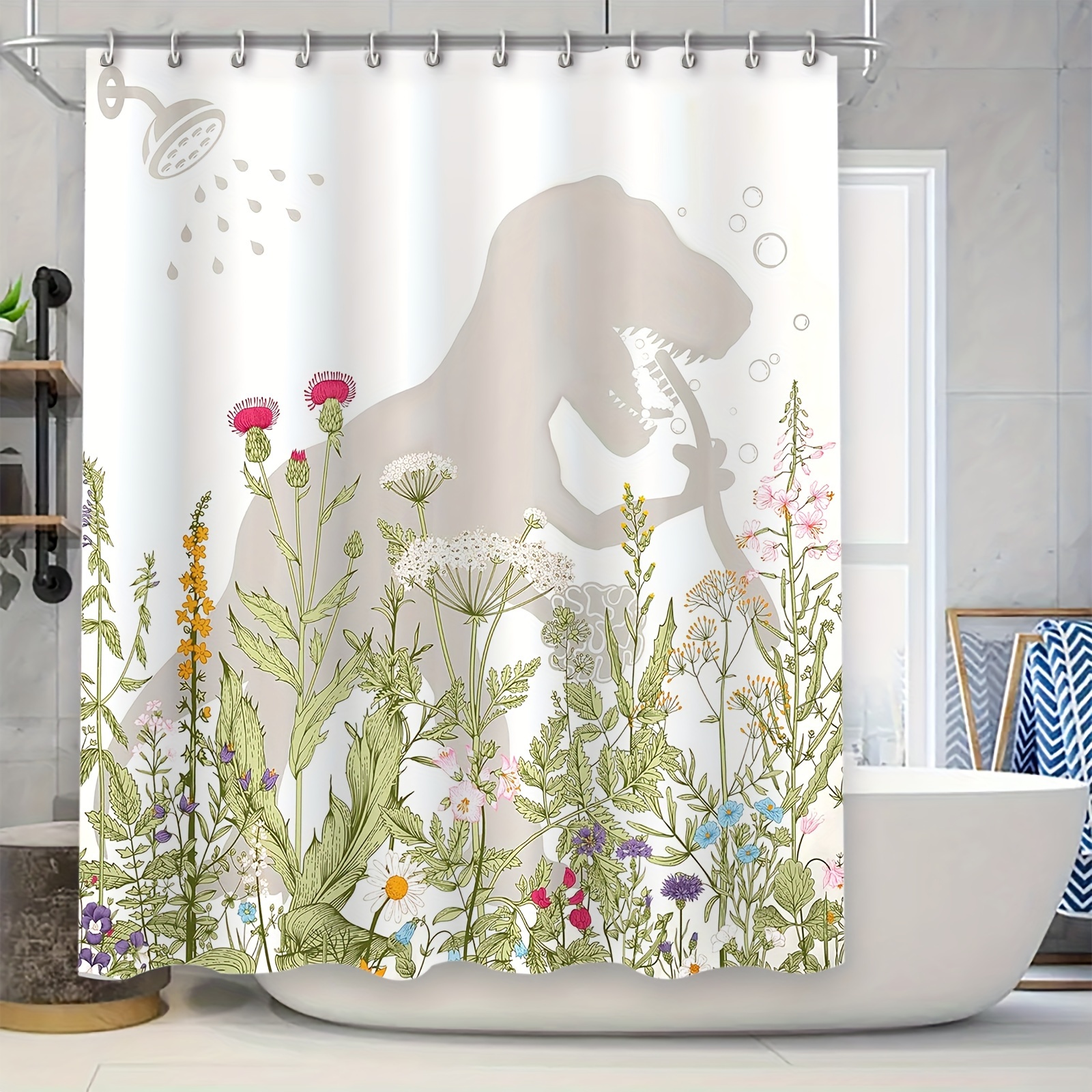 

1pc Dinosaur & Botanical Garden Shower Curtain, Waterproof Bathroom Partition With 12 Hanging Rings, Mildew Resistant Bath Tub Decor, Fashionable Home Restroom Window Drape Set