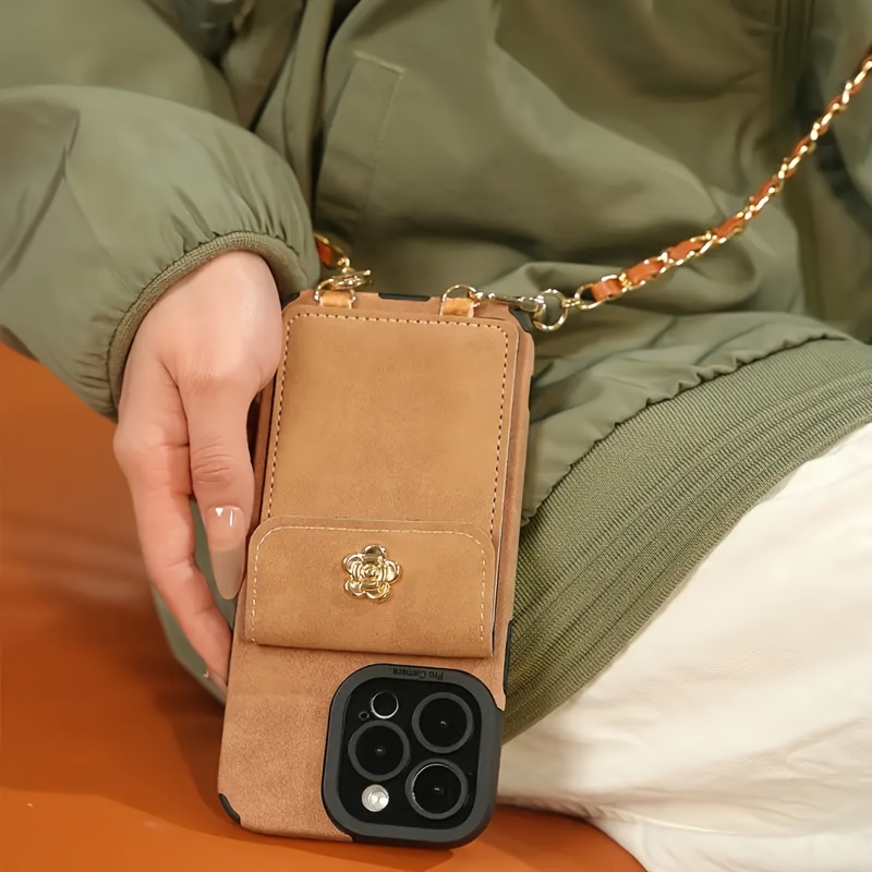 TEMU Étui de téléphone : Housse de en flanelle dorée avec sacoche à cartes à croix pour : iPhone /16/15/14/13/Étui de téléphone iPhone 16 /7P/8P avec