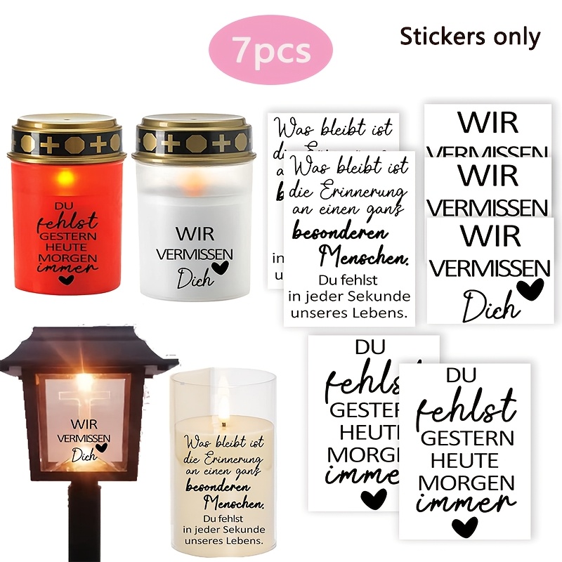 Image of 7pcs Uv Dtf Transfer Set, Tombstone Candle, Decorative Memorial Lamp With German Funeral , Self-adhesive, Easy-to-use Grave Light, Cemetery Decorations, Tombstone