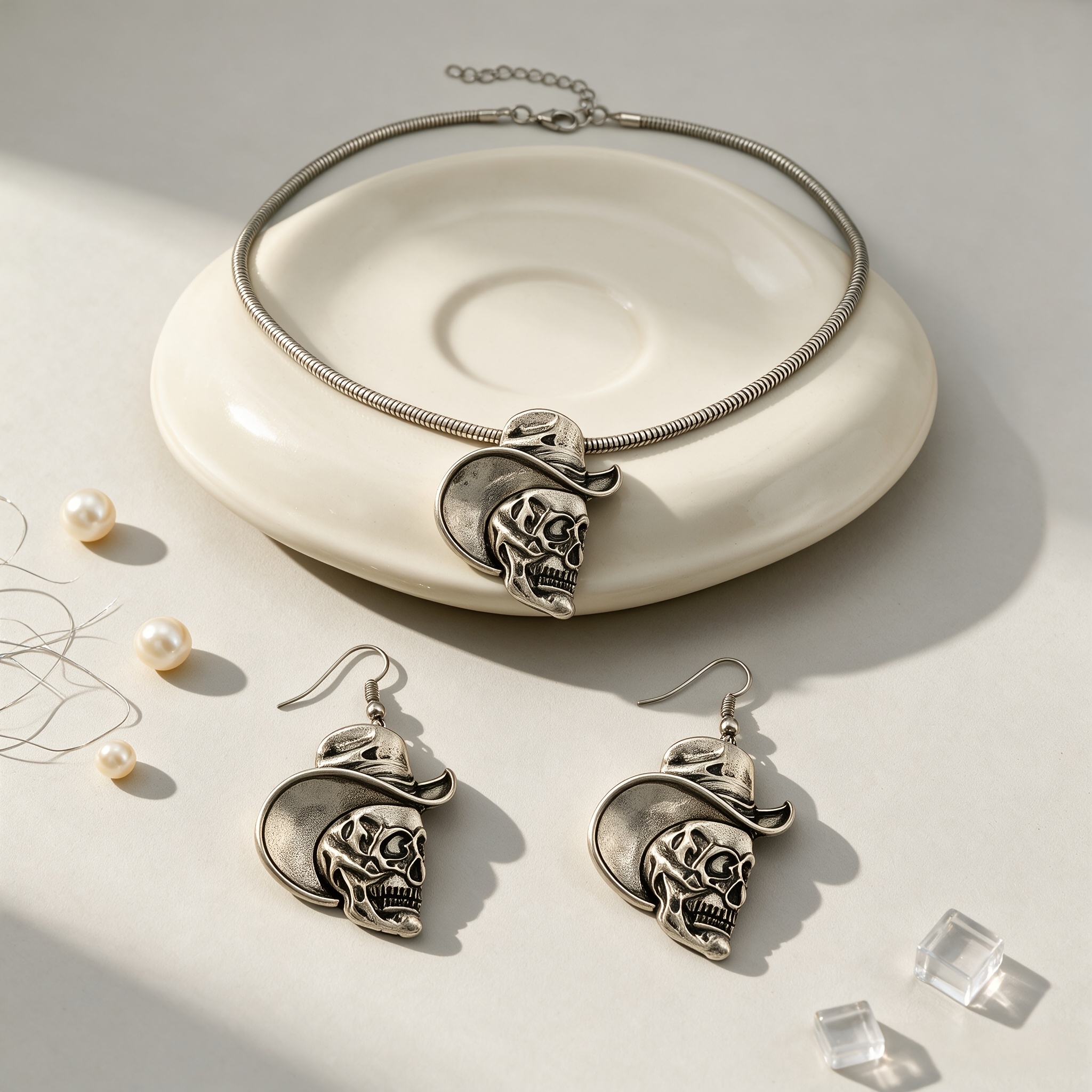 2pcs Women's Vintage Distressed Denim Hat Skull Necklace Earrings Set