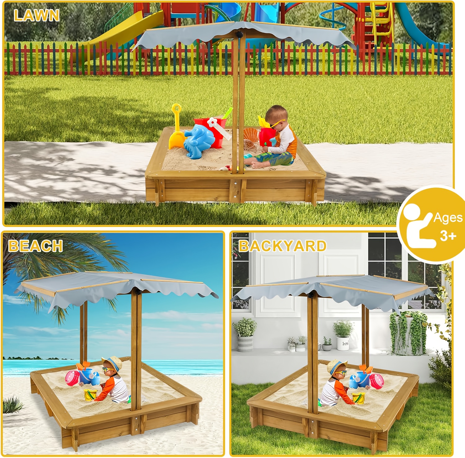 KETIVE Wooden Sandbox With Cover, Outdoor Kids Sand Box With Lid 4 Reinforced Bench Seats & UV-Resistant, Height Adjustable Canopy All-Round Bottom Liner Outdoor For Backyard Beach (45.3'' X 45.3'')