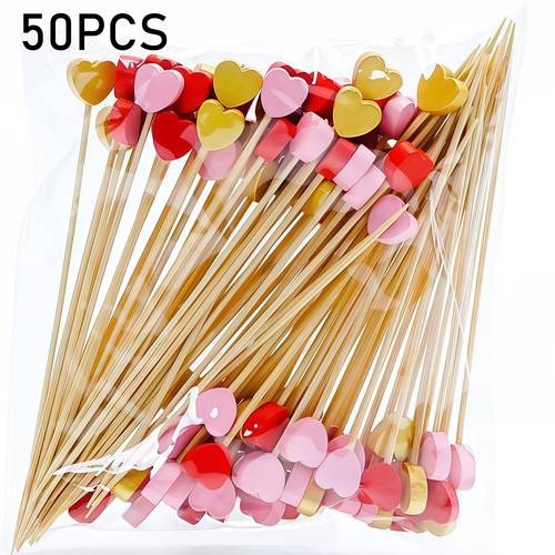50 herzförmige bambus-cocktailspieße – natürliche, hochwertige vorspeisen-spieße in rot, gold rosa, ideal für valentinstag, hochzeit, geburtstagsfeiern, weihnachten, thanksgiving neujahrsfeier-dekorationen