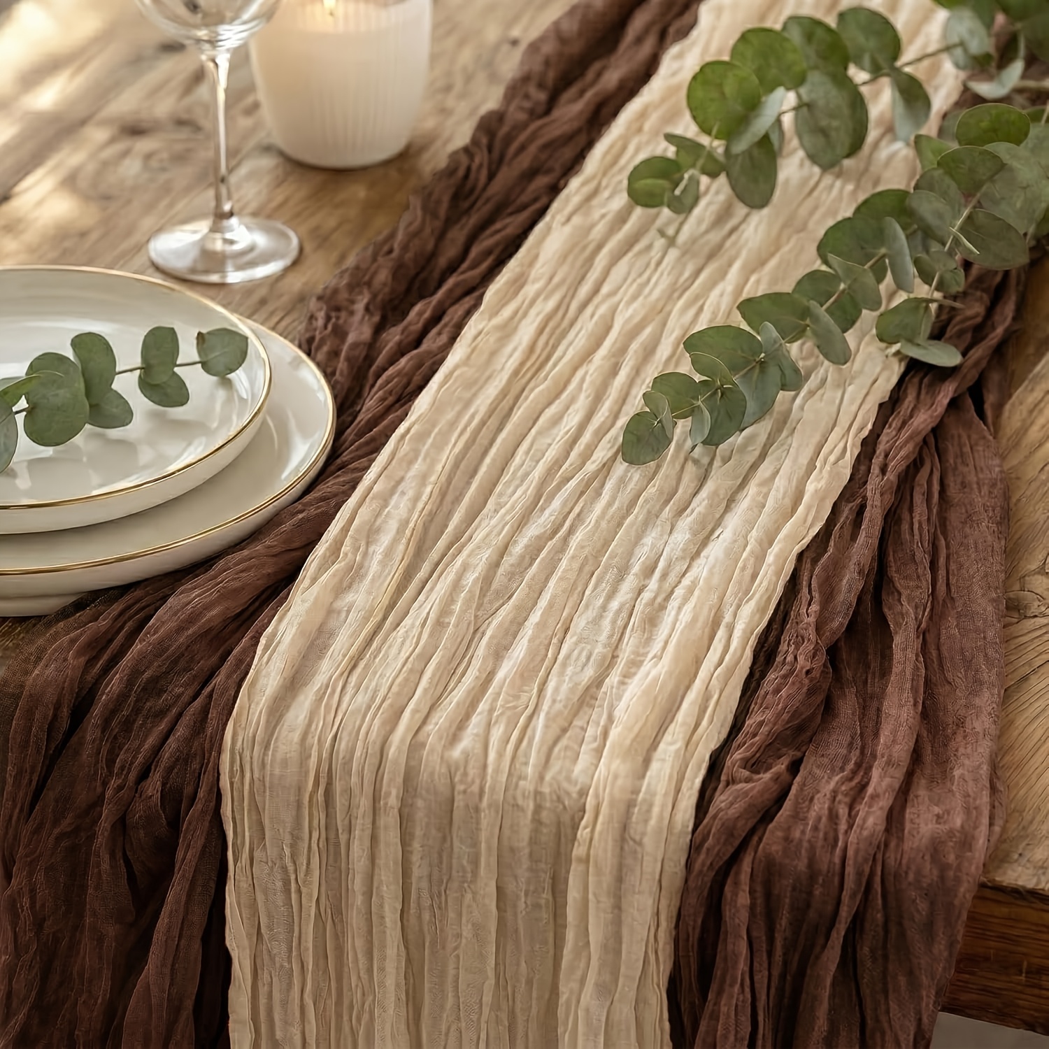 TEMU 2pcs Set And Beige Cheesecloth Table Runner, Rustic Sheer Bohemian Table S, Suitable For Spring/summer Mother's Day Table Decor, Bridal Wedding