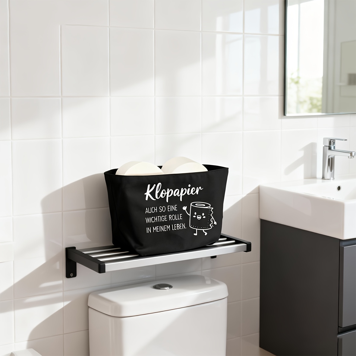 Image of Funny "klopapier" Toilet Paper Basket | Black Fabric Storage Bin For Toilet Rolls, Space- Organizer, Bathroom Decor With Cartoon Design - Mrd's Home, Shelf Baskets