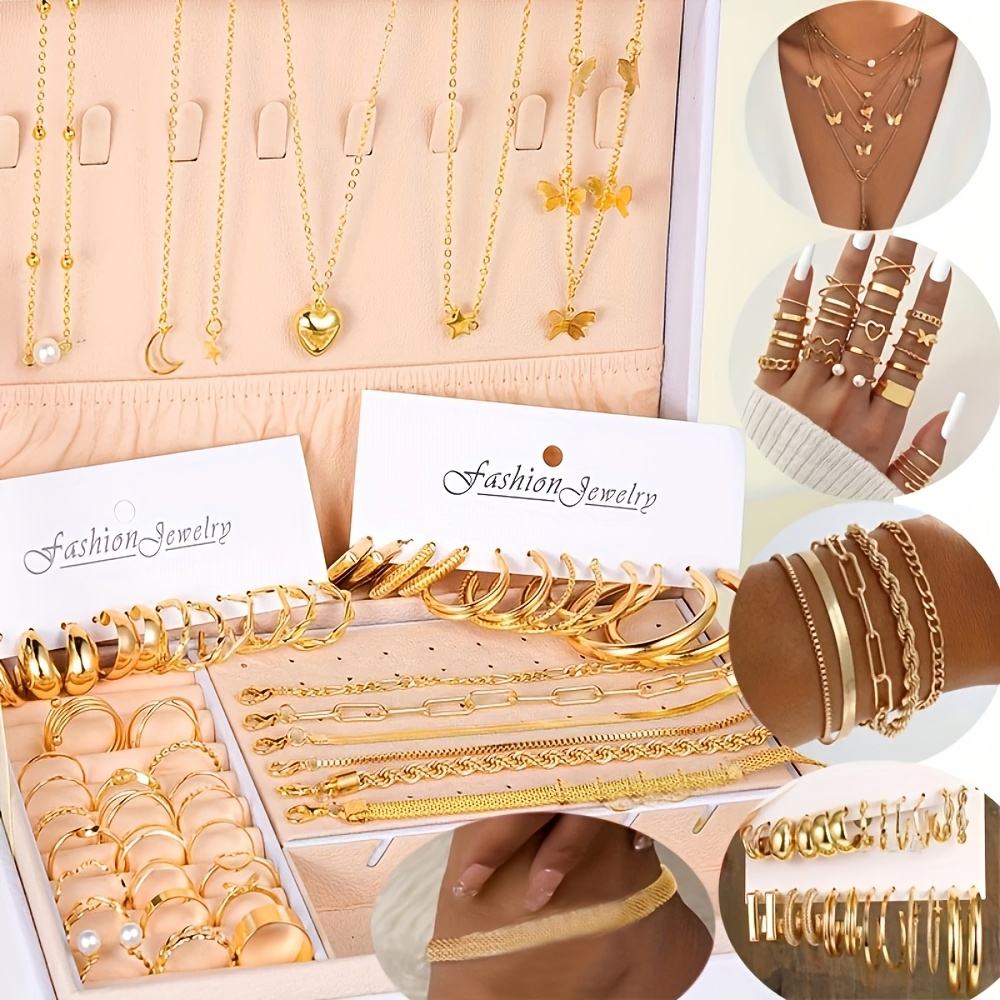 57pcs Fashionable Women's Necklace Earrings Bracelet Ring Anklet  Five-in-One Jewelry Set, Wide Face Glossy Earring and Ring Set with Box