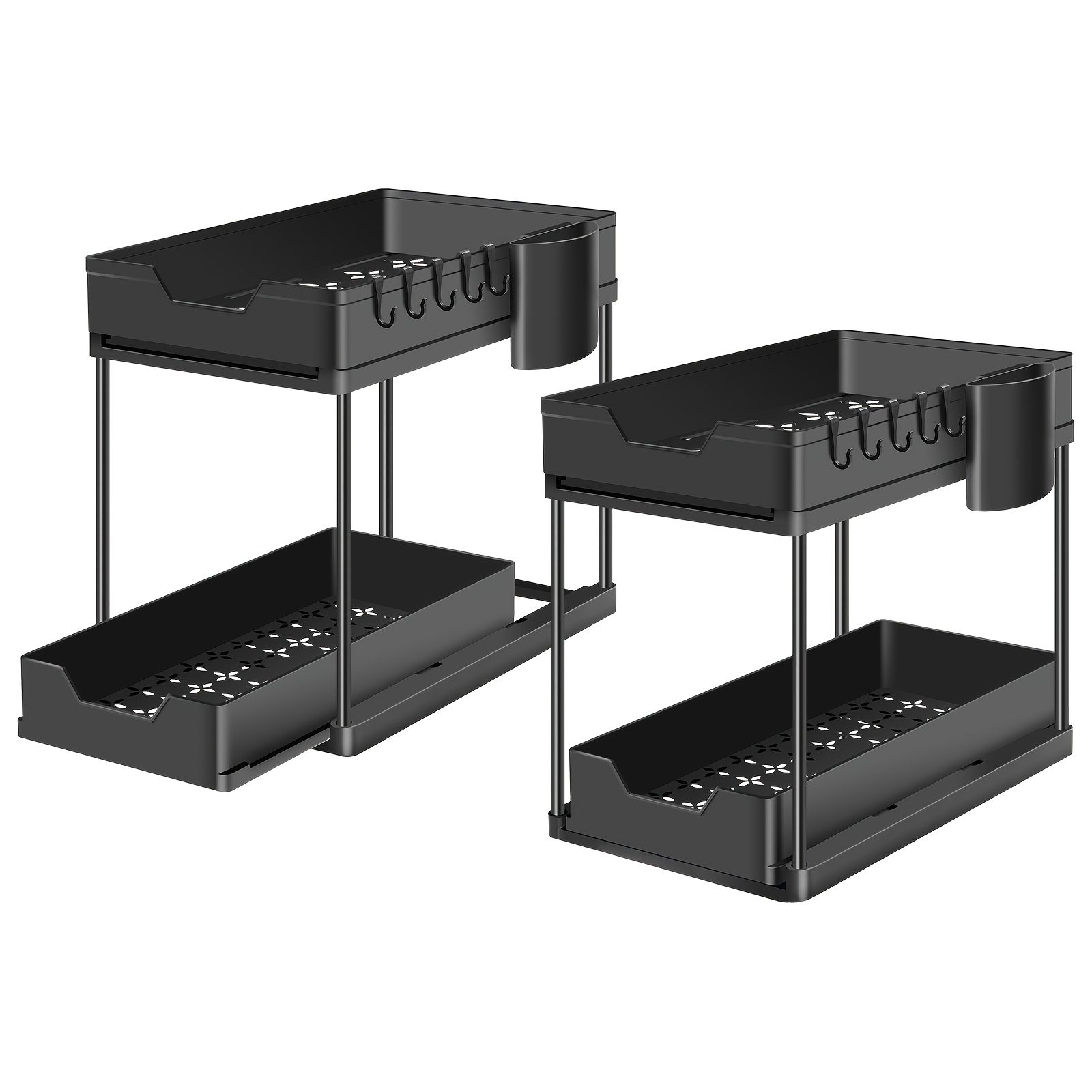 TEMU Double-layer Pull-out Storage Rack With 5 Hooks And Chopstick Holder, Sliding Drawer, Hollow Drain, For Under-sink Kitchen Storage