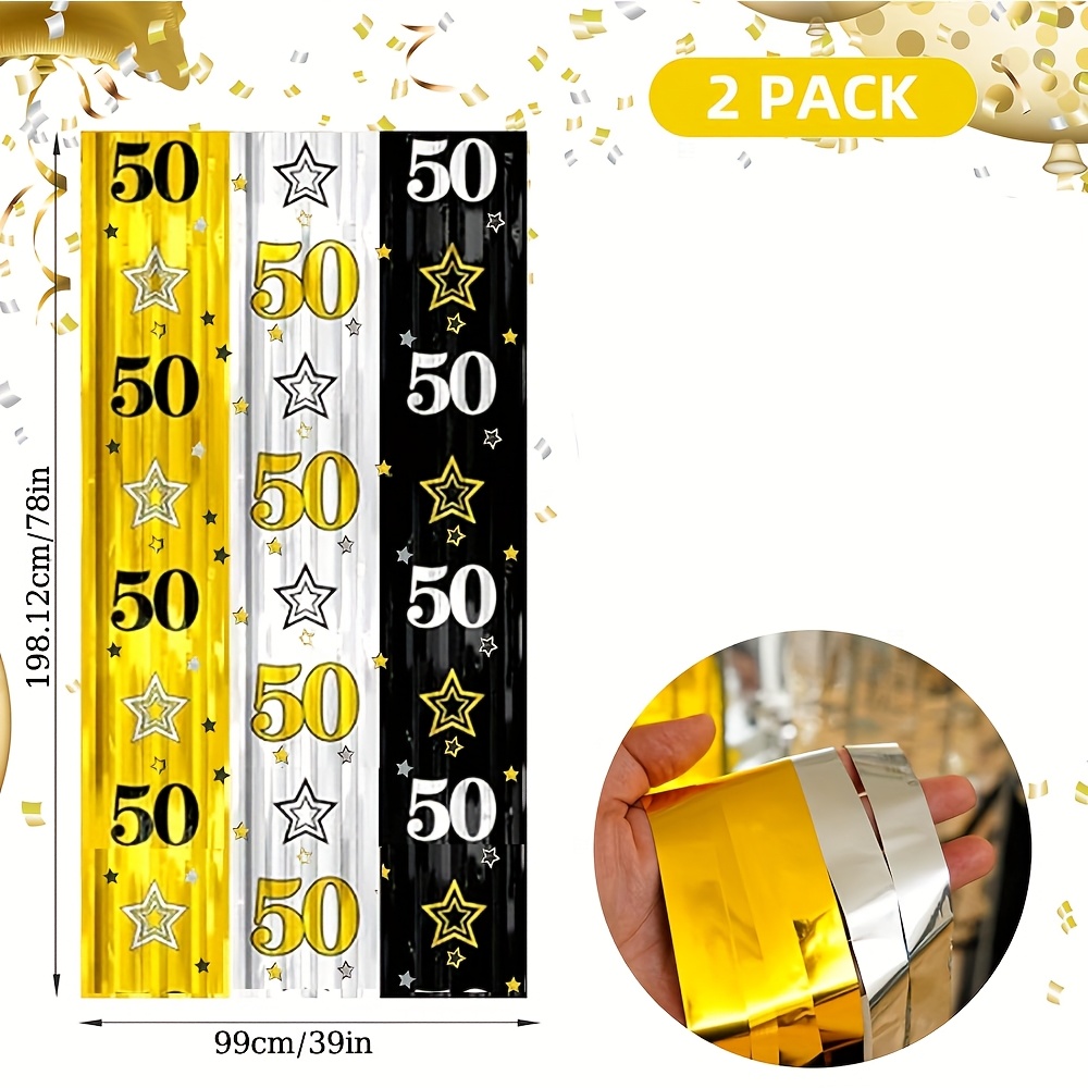 1pack/2packs 50th Birthday Decorations For Men Women, Black Golden Silvery Happy 50th Birthday Backdrop Party Decorations, 3.3x6.6ft Fifty Year Birthday Anniversary Foil Fringe Streamers