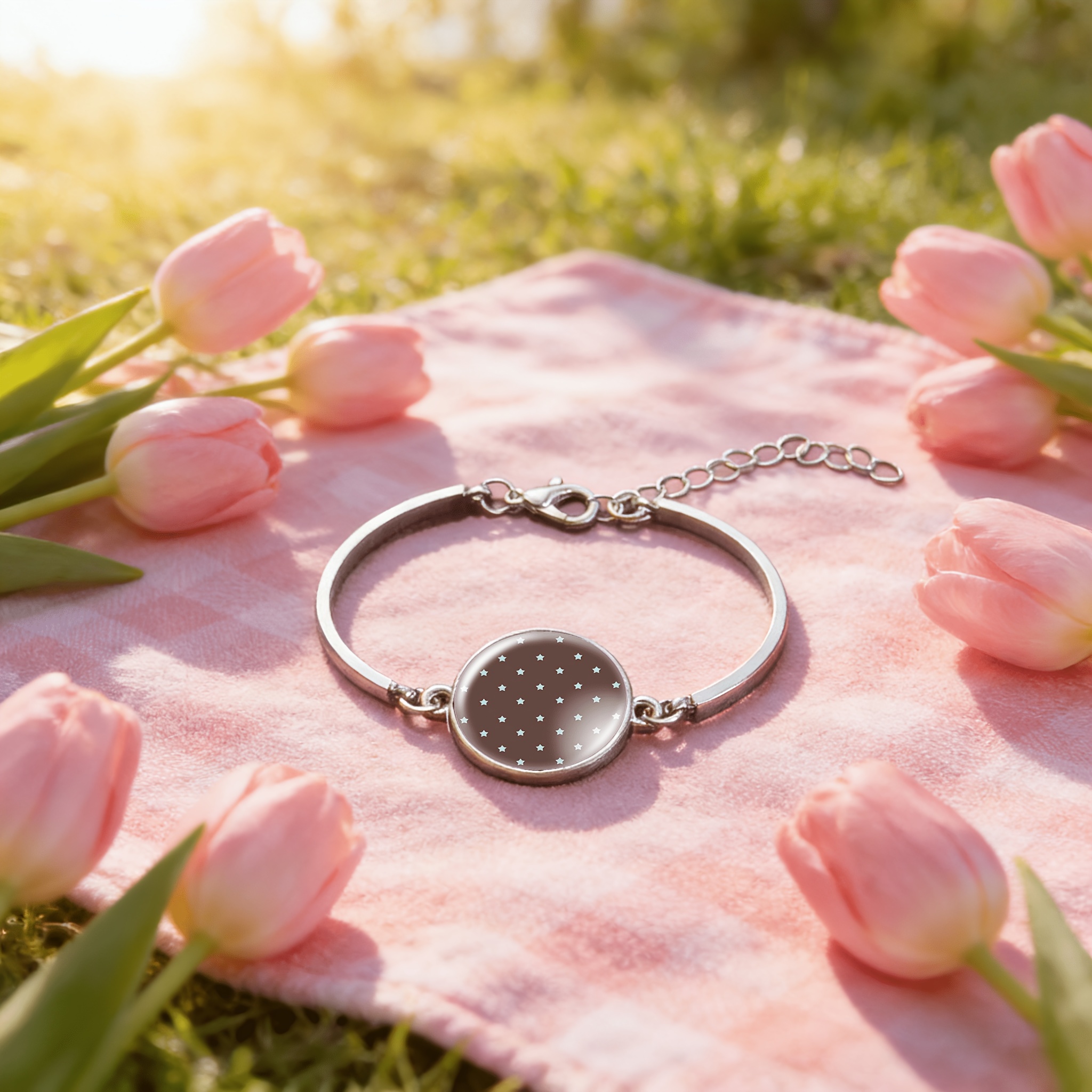 Women's Adjustable Star Bangle with Round Gemstone Inlay, Gift-Ready
