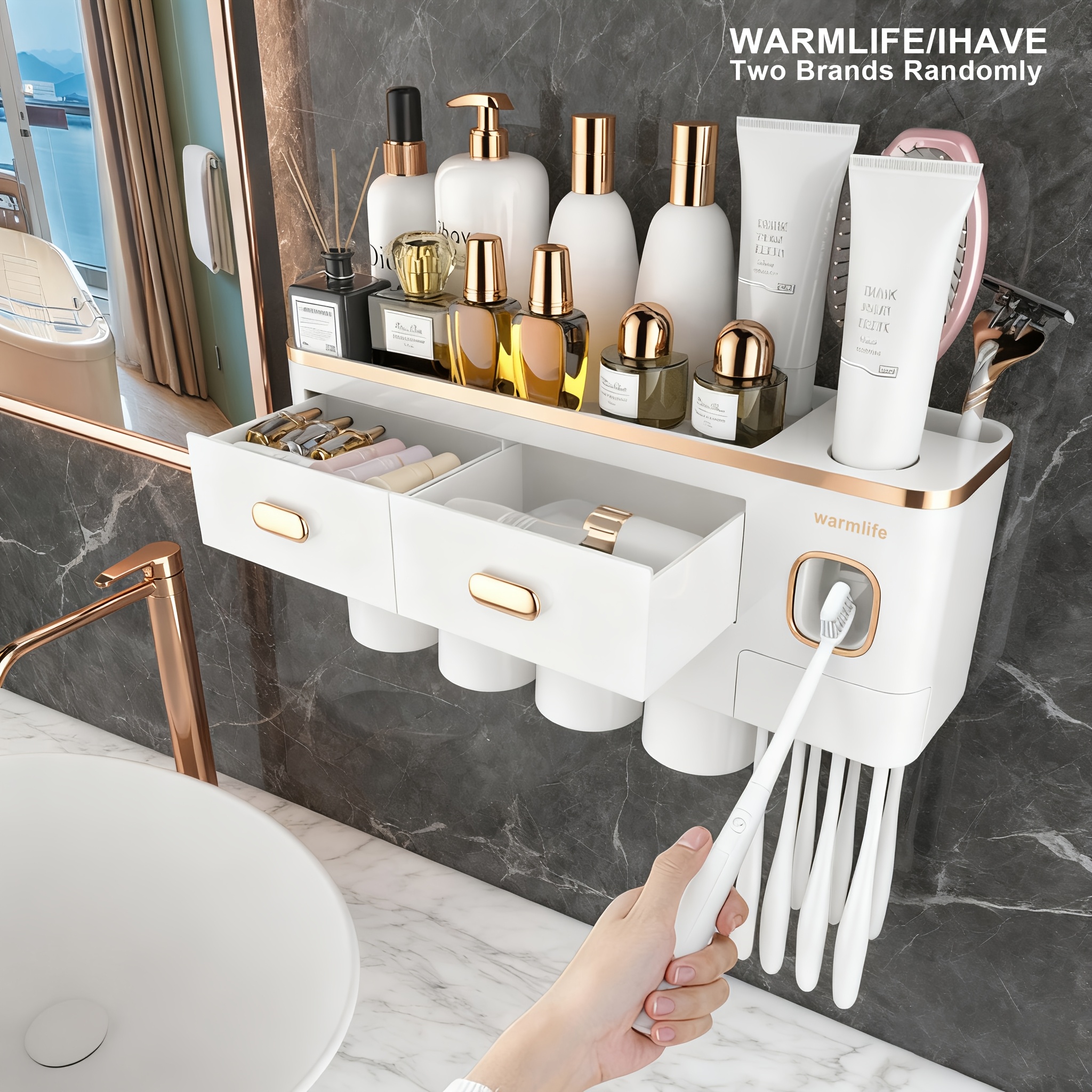 TEMU Toothbrush Holders For For Bathrooms, Random Brand, All Mounted Toothbrush Holder With Toothpaste Dispenser, 2/3/4 Cups With Large Capacity Tray