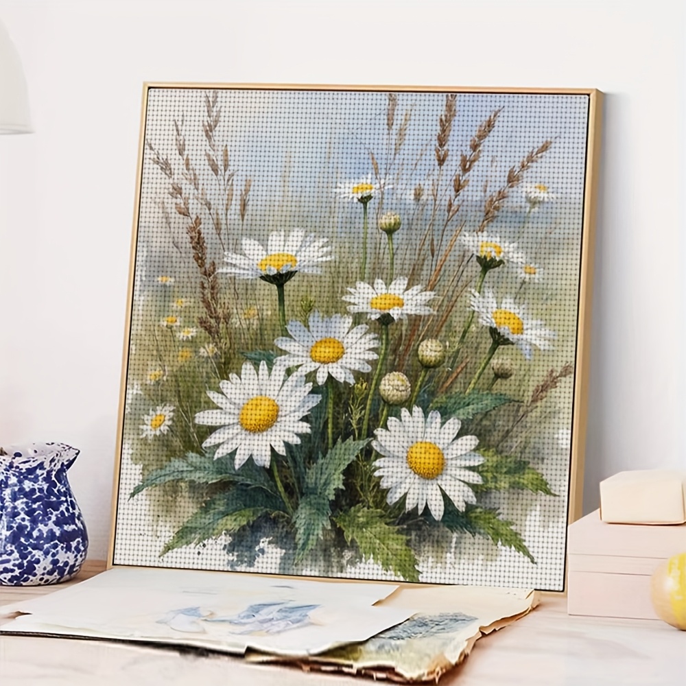 11CT Frameless Cross Stitch Kit, Watercolor Daisies & Grasses