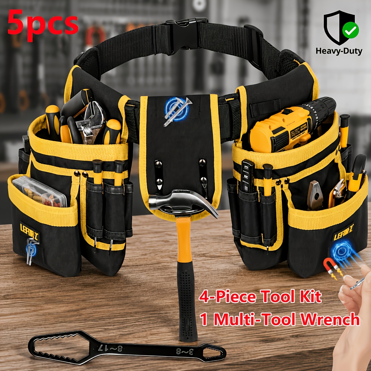 TEMU 5pcs Set: 51" Heavy-duty Tool Belt With Suspenders And Multi-pockets And 1 Multi-tool Wrench. Holds Screws, Wrenches And Nails. Durable Fabric.