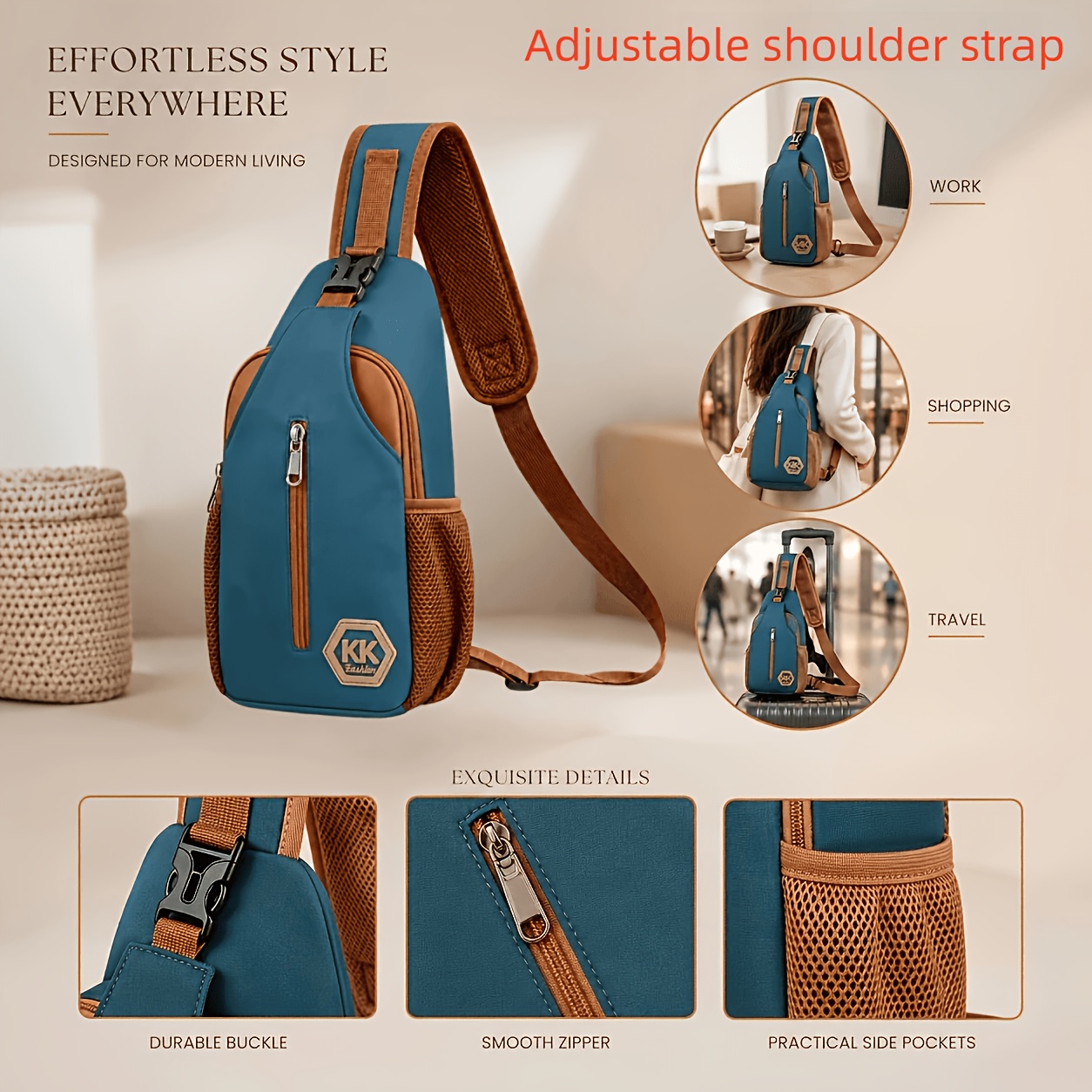 TEMU Unisex Sling Chest Bag, Korean Style Casual Crossbody Backpack, Durable Shoulder Belt Bag For Outdoor Sports, Travel & Daily Use