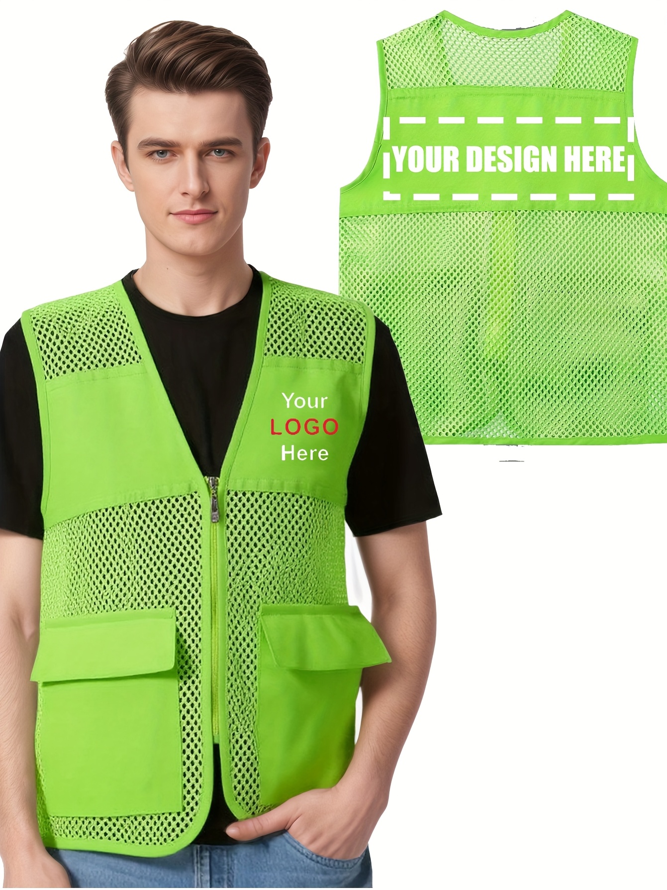mens mesh workwear with zipper practical work top uniform multi pocket vest for workdays suitable for supermarkets games sparring competitions transportation   social groups volunteers add   on the left chest and back