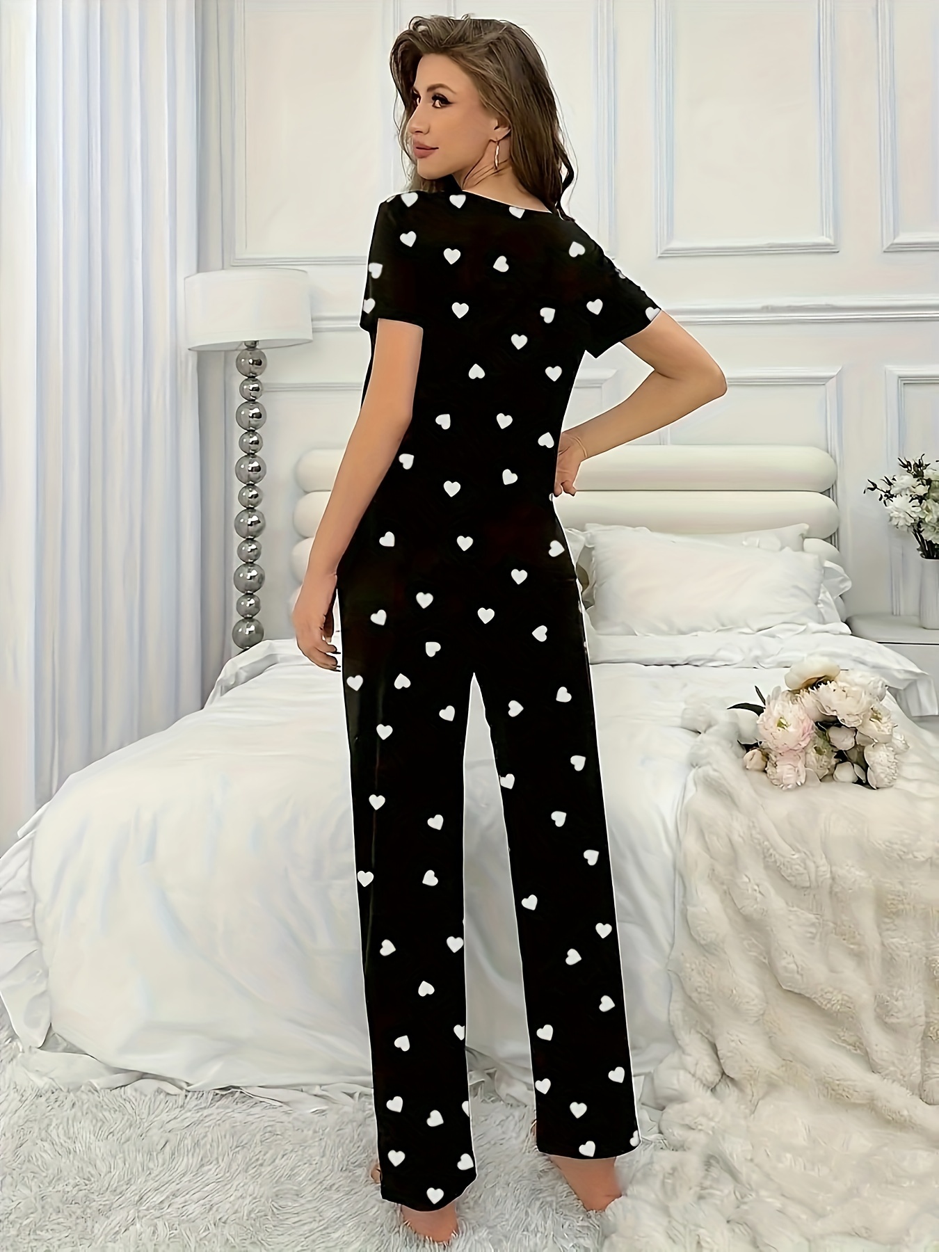 womens short sleeve t shirt long pants pajama set love heart - Temu