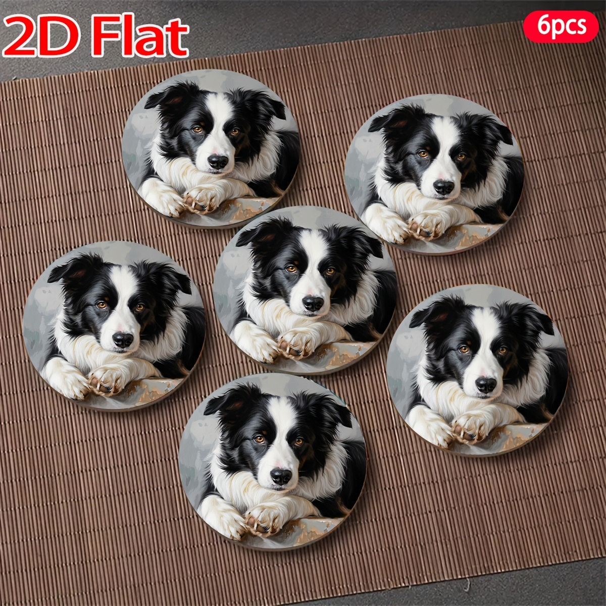 TEMU 2d Flat, 6pcs, Black And White Border Collie Pattern Coasters, Suitable For Vacation Homes, Offices, Birthday Gifts, Multipurpose, Ideal Gift,