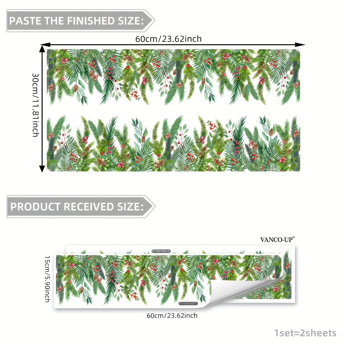 Image of A Set Of 2 (15 X 60cm X 2pcs) Electrostatic Adsorption Christmas Pine Leaves Fruit Home Modern Decoration Bedroom Living Room Balcony Window Glass Stickers Window Stickers Double-sided Visual Pattern