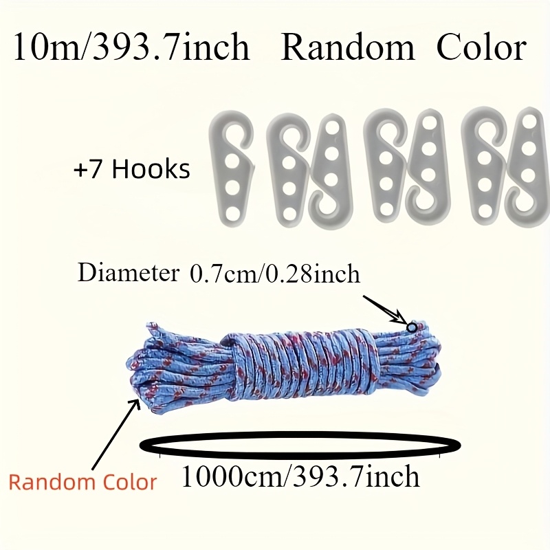 TEMU 8pcs Set, 10 Meters/393.7 Inches Nylon Rope + 7 Hooks, For Securing And Towing Items, Camping Accessories, Indoor/outdoor Clothesline, Rope
