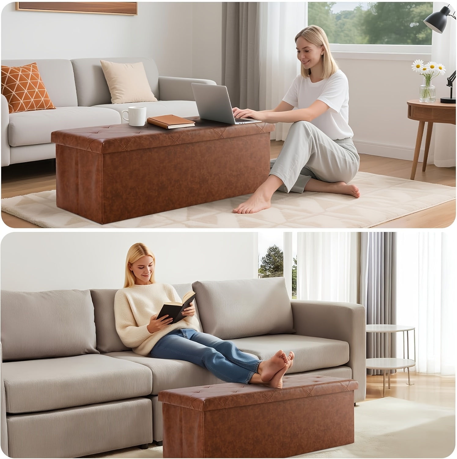 Multi-Functional Ottoman with Storage Bench | Folding Foot Rest Stool, Space-Saving, Load 660 lbs, Upholstered, Classic Style, Hardwood, OLIXIS for Living Room, Bedroom, Office, Dorm