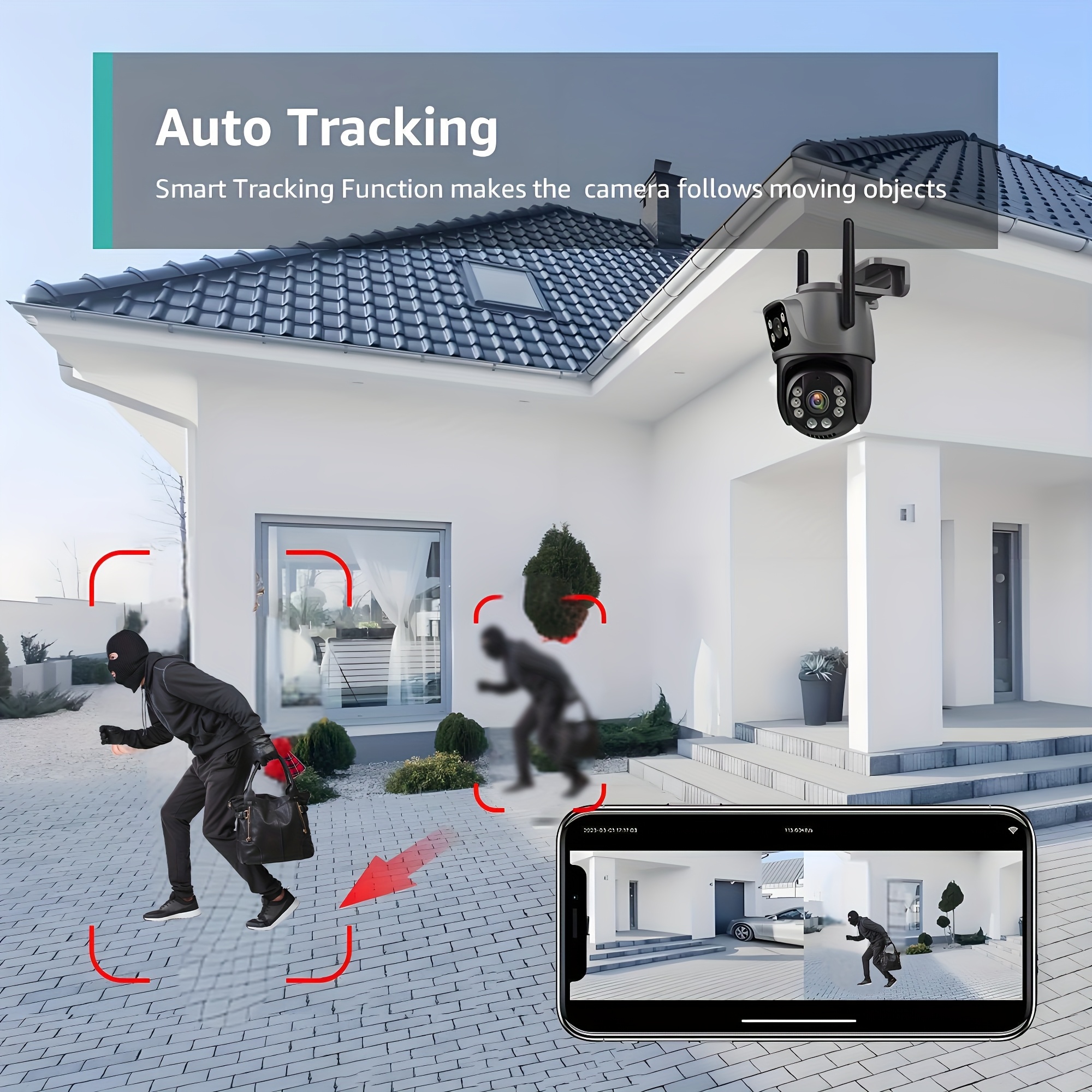 Cámara de seguridad inalámbrica para exteriores de 8MP con lente dual, seguimiento automático, detección humana, visión nocturna a color, grabación 24/7, audio bidireccional, conexión cableada RJ45, almacenamiento en la nube/SD, enchufe europeo, vigilancia exterior, vigilancia moderna