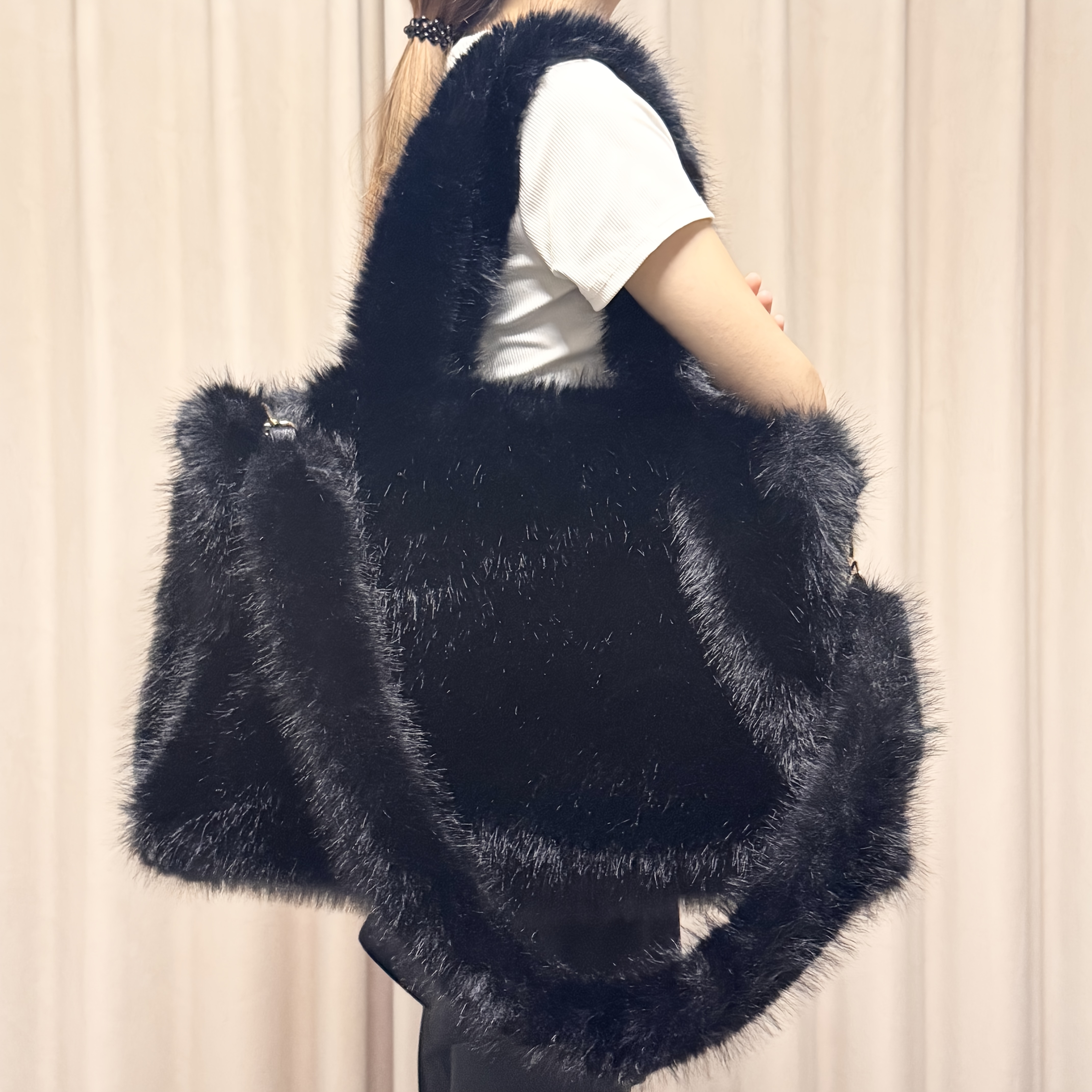 Faux Fox Fur Tote Bag with Long Strap, Large Capacity Handbag