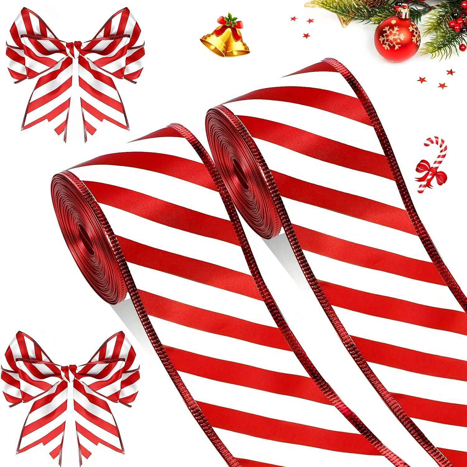 TEMU 2 Rolls Of Ribbon Suitable For Wrapping Christmas Tree Wired Satin Ribbon With Striped Edges, Ideal For Crafts, Gifts, Party Decorations, Garden