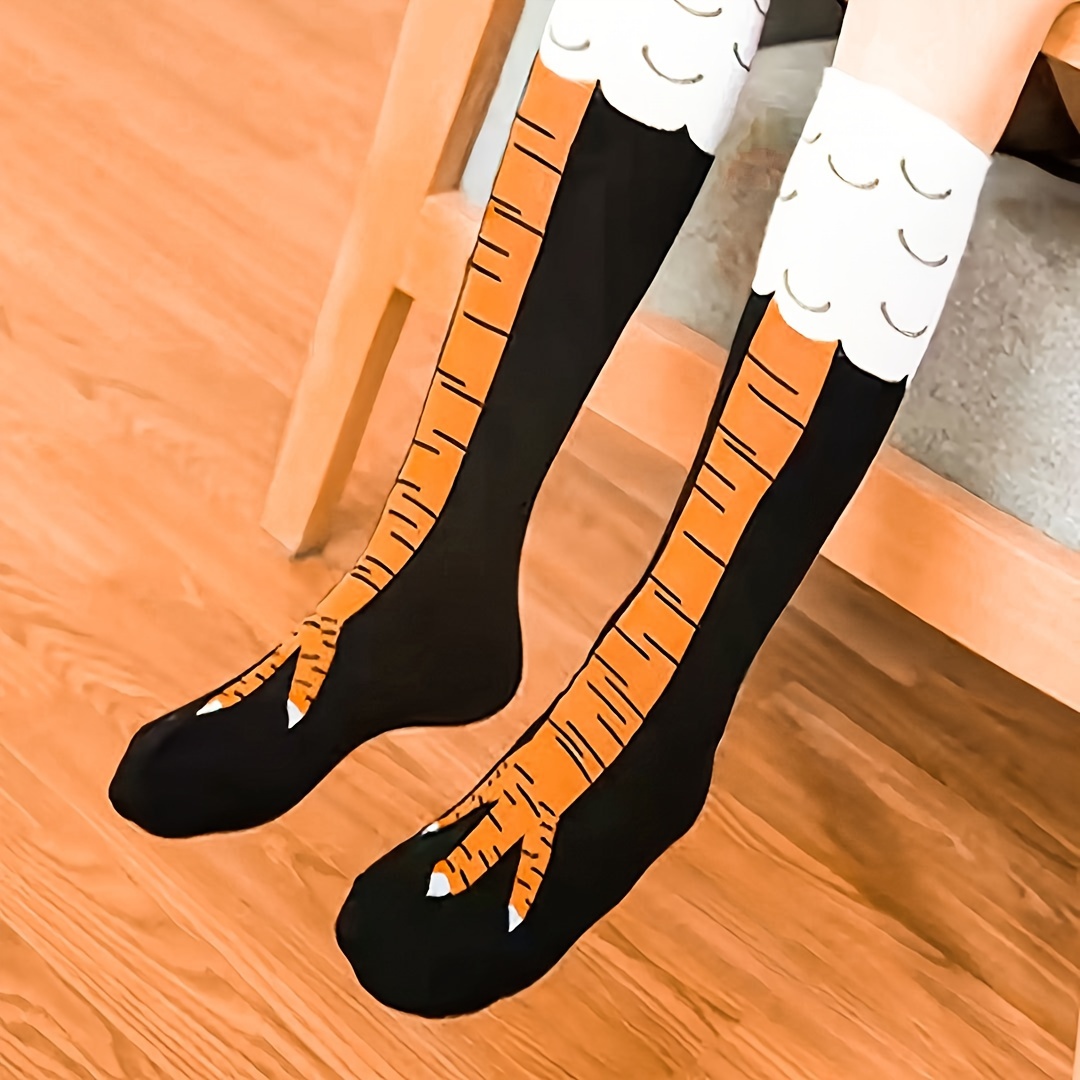 1 Pair Chicken Claw Print Knee-High Socks, 95% Polyester 5% Spandex, Animal Pattern Knit Fabric, Machine Washable, Couple'S Knee-Length Stockings