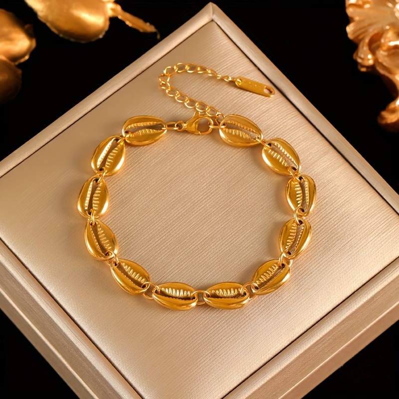 TEMU 1 pulsera de acero inoxidable con conchas doradas para mujer, cadena de muñeca , joyería impermeable, regalo para fiestas