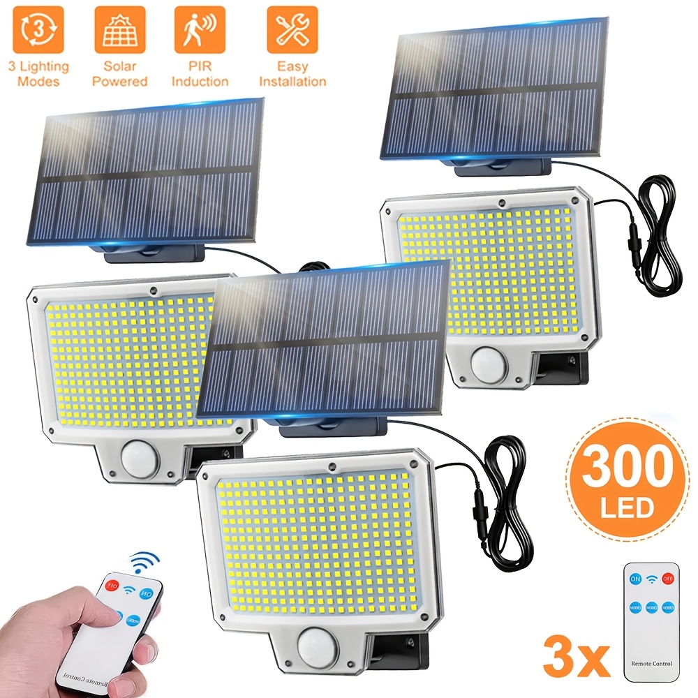 Image of 3pcs Solar Wall Lights With Remote Outdoor, 300eld Solar Motion Sensor Lights With 3 Lighting , Solar Safety Floodlight Dusk To Dawn, Ip65, For Garden, Courtyard, Balcony, Garage, Street Lighting