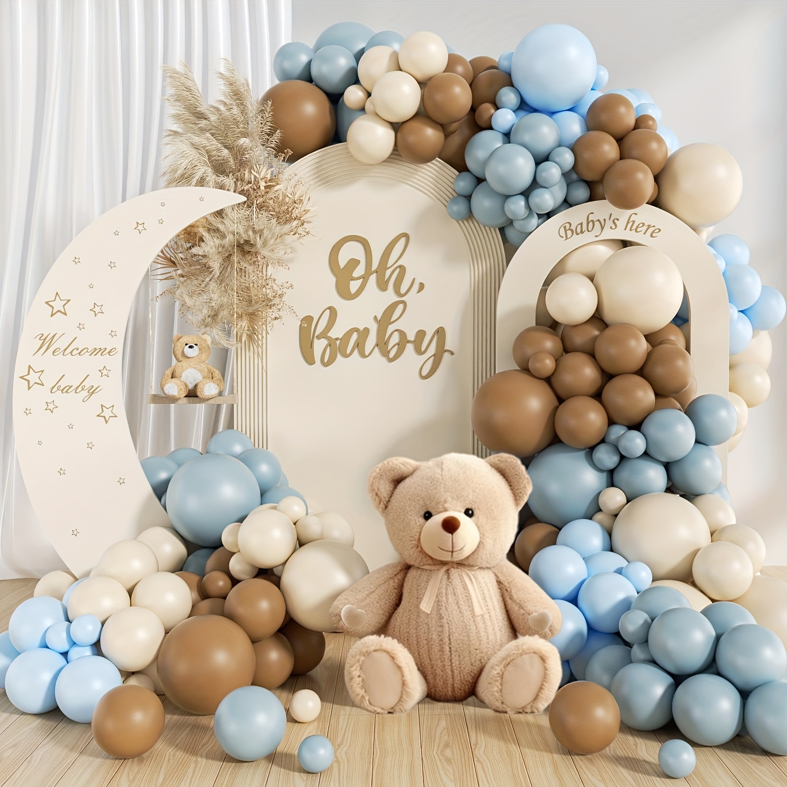 135pcs of foggy blue and brown balloon arch kit bear shower decorations featuring brown and   white balloons for shower gender reveal birthday party decor