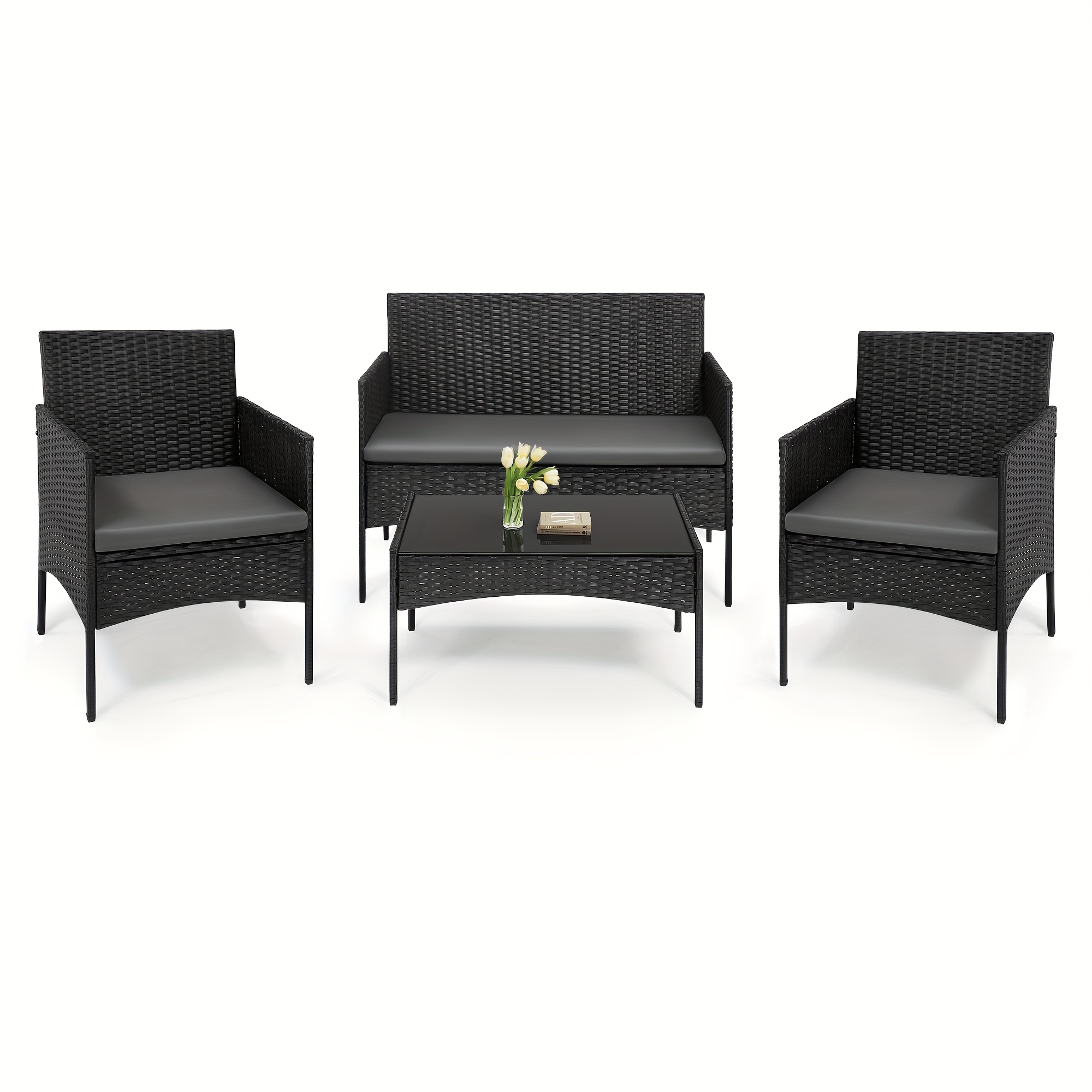 TEMU 4 Pezzi Tavolo da e Sedie per Patio, Set Lounge Giardino per Quattro con 1 , 2 Poltrone Relax, 1 Tavolino Caff癡 ed Erogini in Metallo Resistente