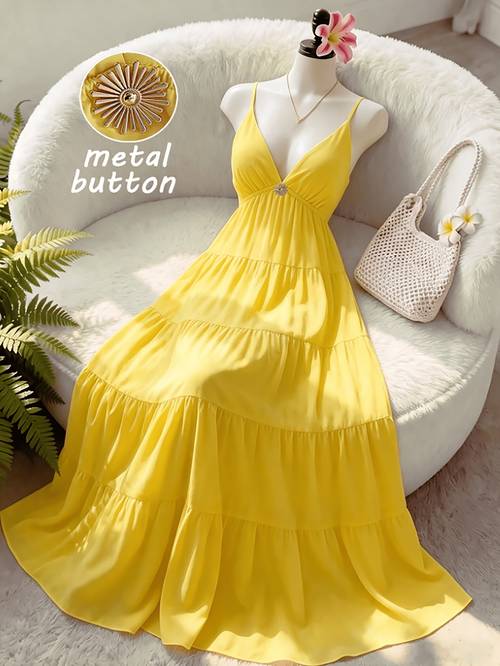 womens fashion metal decorated v neck multi layer ruffle hem camisole long dress