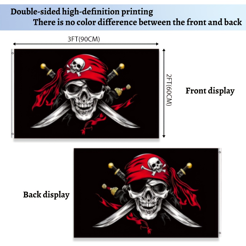 3x5ft Pirate Flag - Double Sided With Red Bandana & Bones, 100% Polyester, Reinforced Stitching, 2 Brass Grommets For Outdoor/indoor Use