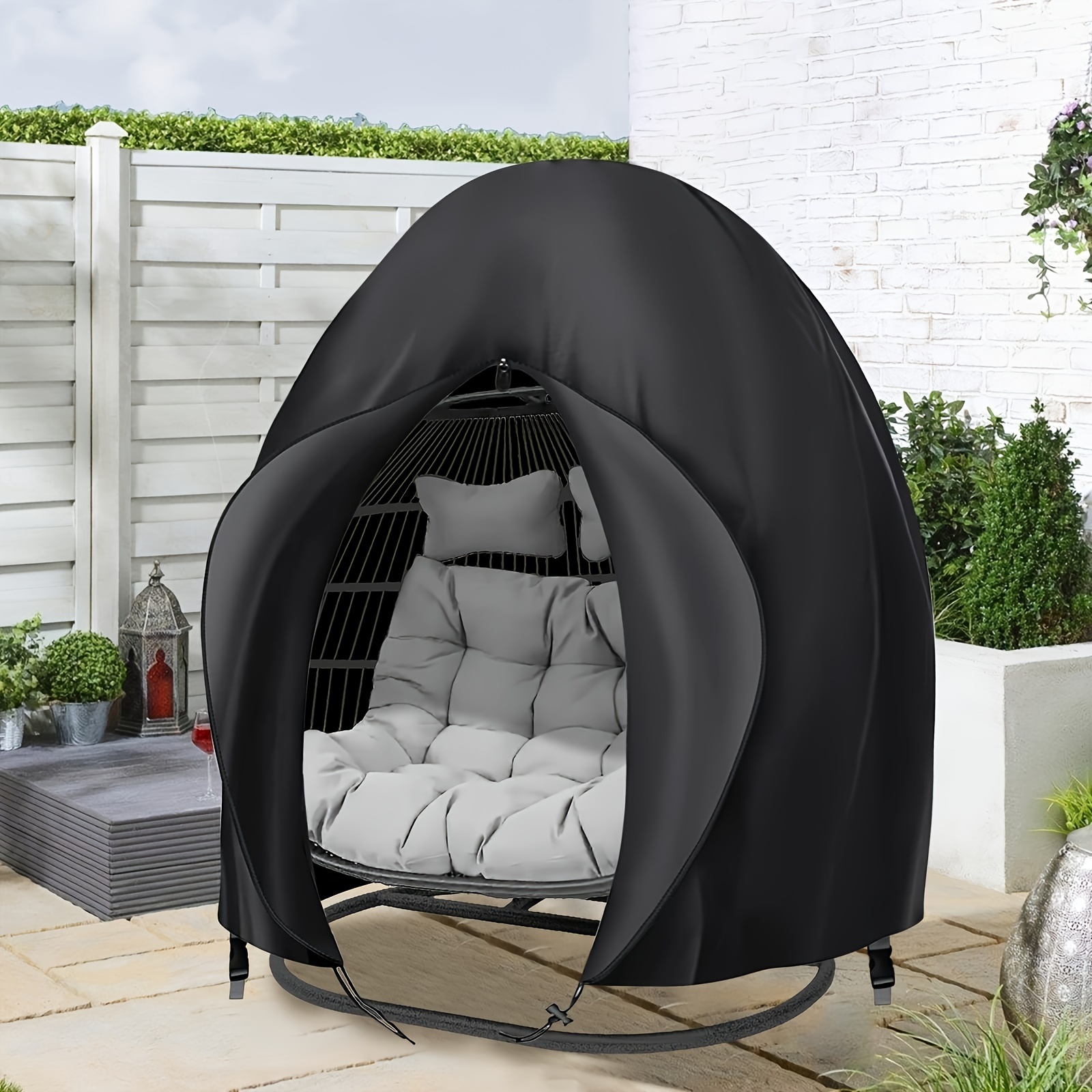 Black Heavy Duty Hanging Egg Chair Shield with Windproof Drawstring and Storage Bag - Waterproof & Dustproof Garden Swing Chair Protector (Double Seat 190 x 115 CM)