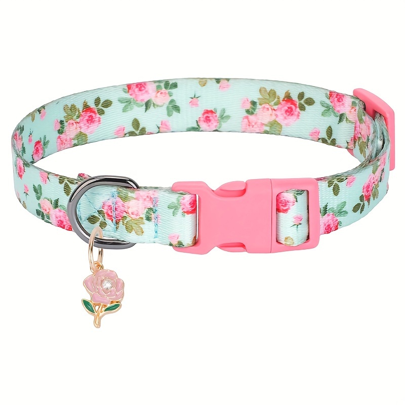 

Floral Print Polyester Dog Collar With Safety Buckle And Adjustable Design, Includes Exquisite Rose Pendant, Hand Wash Only - Cp608f