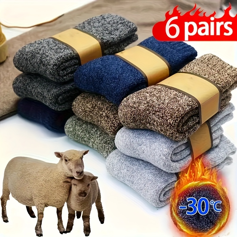 6 Pairs Men's Heavy Warm Winter Socks - Extreme -30°c Cold, Thick Insulated Skiing, Camping, Construction Work Socks - (gray/blue/beige/brown/black) - Ideal Gift For And Winter Sports - Hand Wash