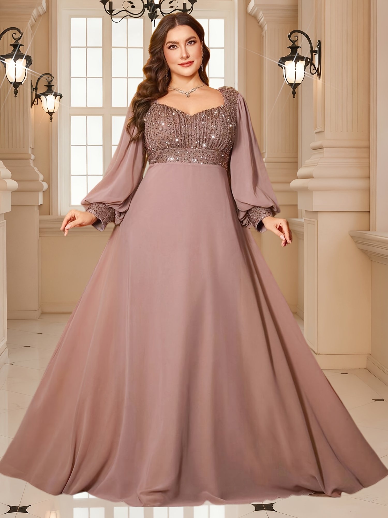 Plus Size, Women's Plus Size Elegant Sequin & Lace V-Neck Wedding Dress -  -Length Formal Gown with * Hand Washable for Prom * & Special Occasions (*  Wear) - Lace & Sequin Accent Dress, No undergarment ...